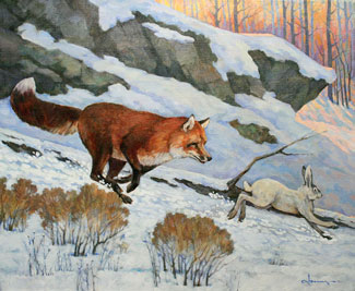 Увеличить изображение? картина с лисой и зайцем, кроликом: Не догонишь!